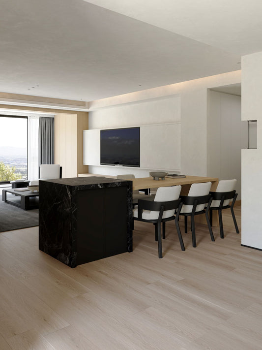 Modern office with a desk, chairs, and a TV in a bright room. Laminate Cream Oak Flooring
