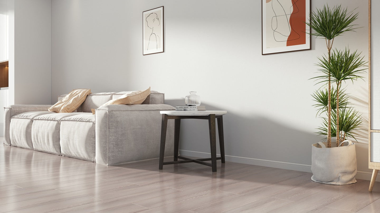 Modern living room with a gray sofa, small table, and potted plant.