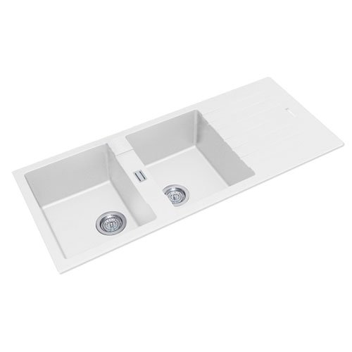 White Granite Quartz Stone Kitchen Sink Double Bowls Drainboard TopUndermount 